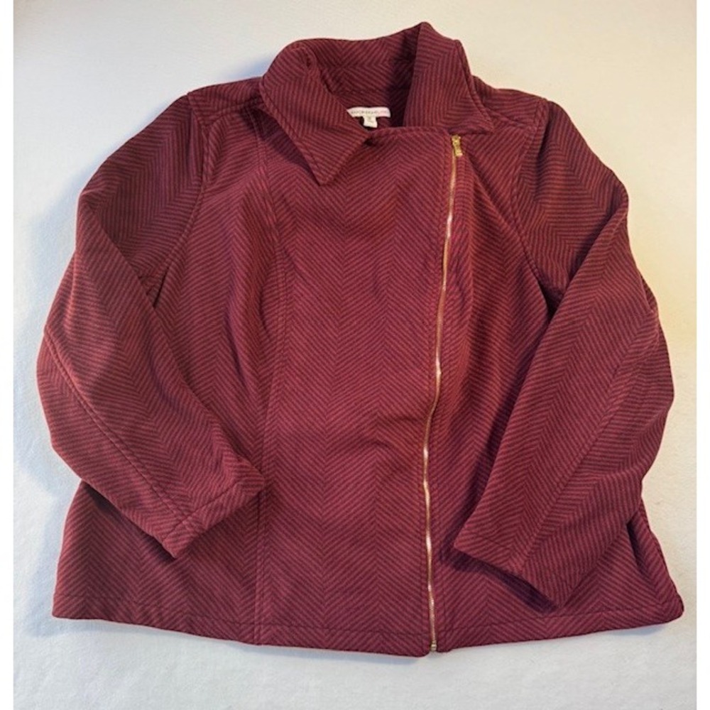 Isaac Mizrahi Live Full Zip Moto Fleece Jacket shirt 3X Burgundy Striped NWOT - Picture 5 of 14